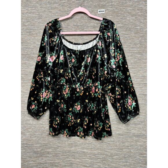Cato Tops - Cato Velvet Peasant Blouse 18/20W Black Pink Rose Floral Cottage Core Coquette
